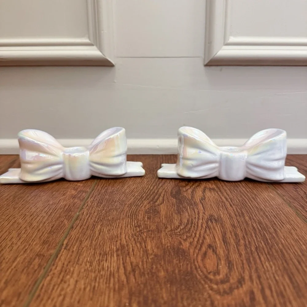 Ceramic Iridescent Bow Taper Candle Holders‎ - Set of 2 New! Holiday Decor Girly